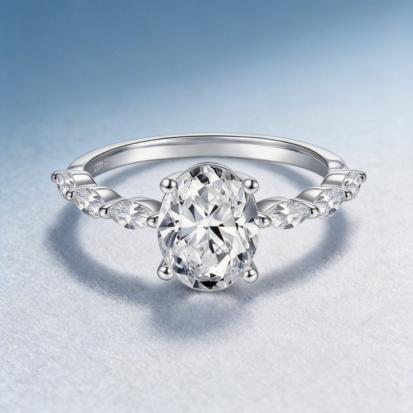 Oval Moissanite Ring for Women, Four-Prong Solitaire Ring with Marquise-Style Side Stones product image