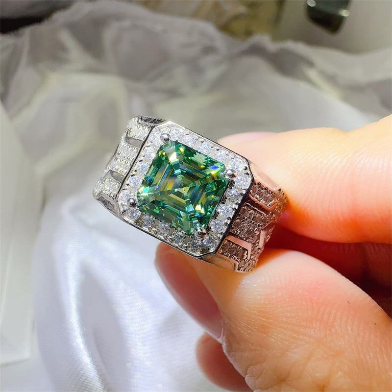 Green VVS1 Moissanite Ring with Halo Frame, Emerald-Cut Statement Wedding Ring product image