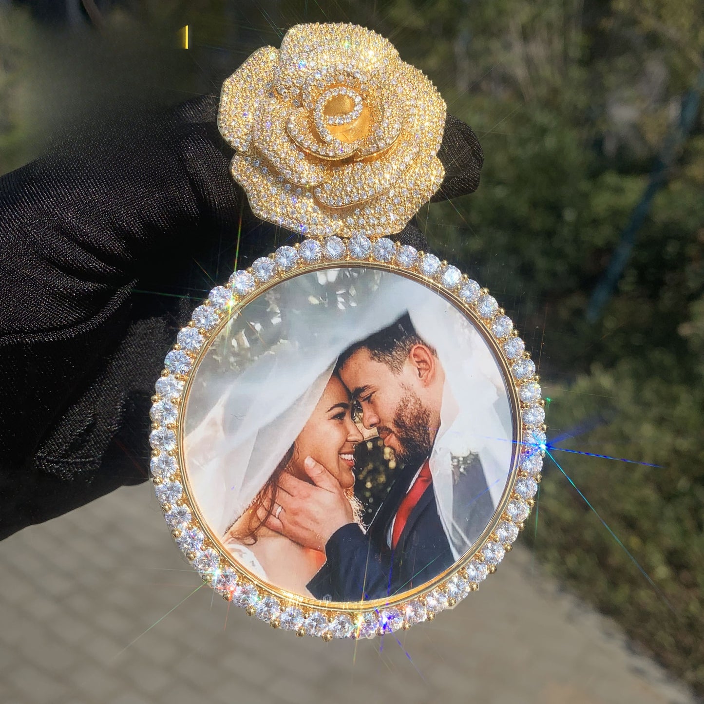 Rose Photo Frame Pendant Necklace for Women Iced Out Statement Jewelry