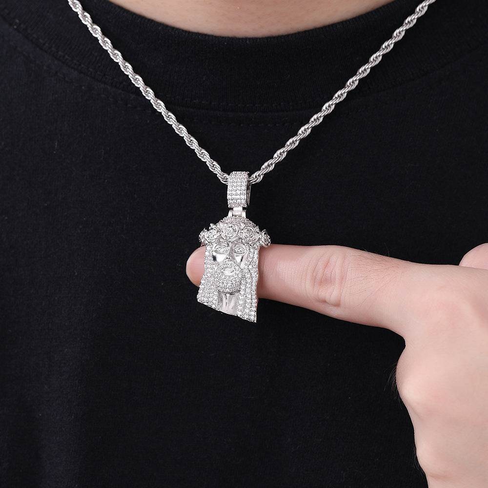 Men’s Hip Hop Portrait Pendant Necklace, Rope Chain, Stone-Set Streetwear Charm