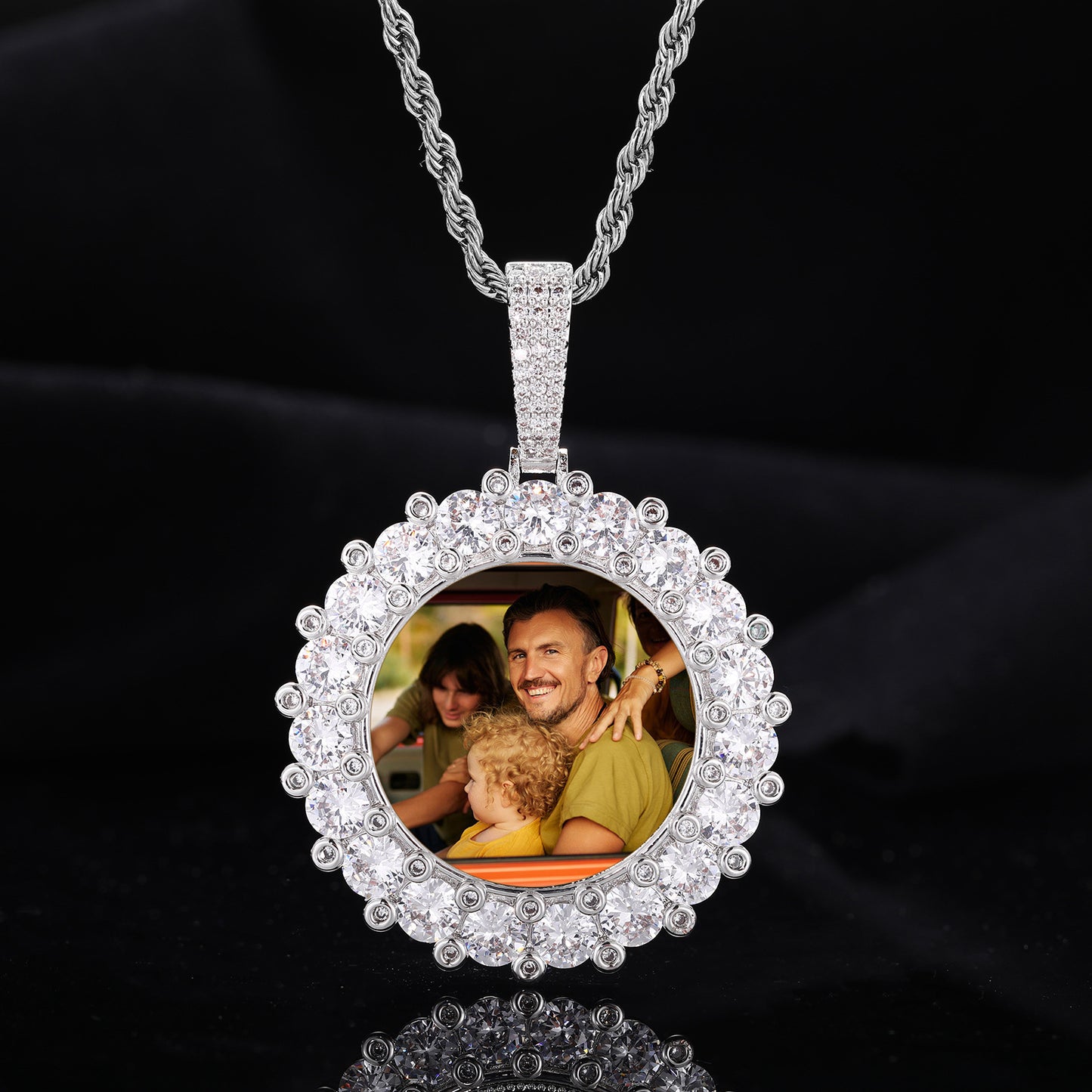 Round Photo Frame Pendant Necklace with Cubic Zirconia Accent Chain product image