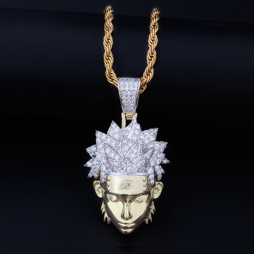 Iced Cartoon Character Pendant Necklace with Cubic Zirconia – Gold Tone or Silver Tone Twisted Chain, Unisex Hip Hop Statement Jewelry