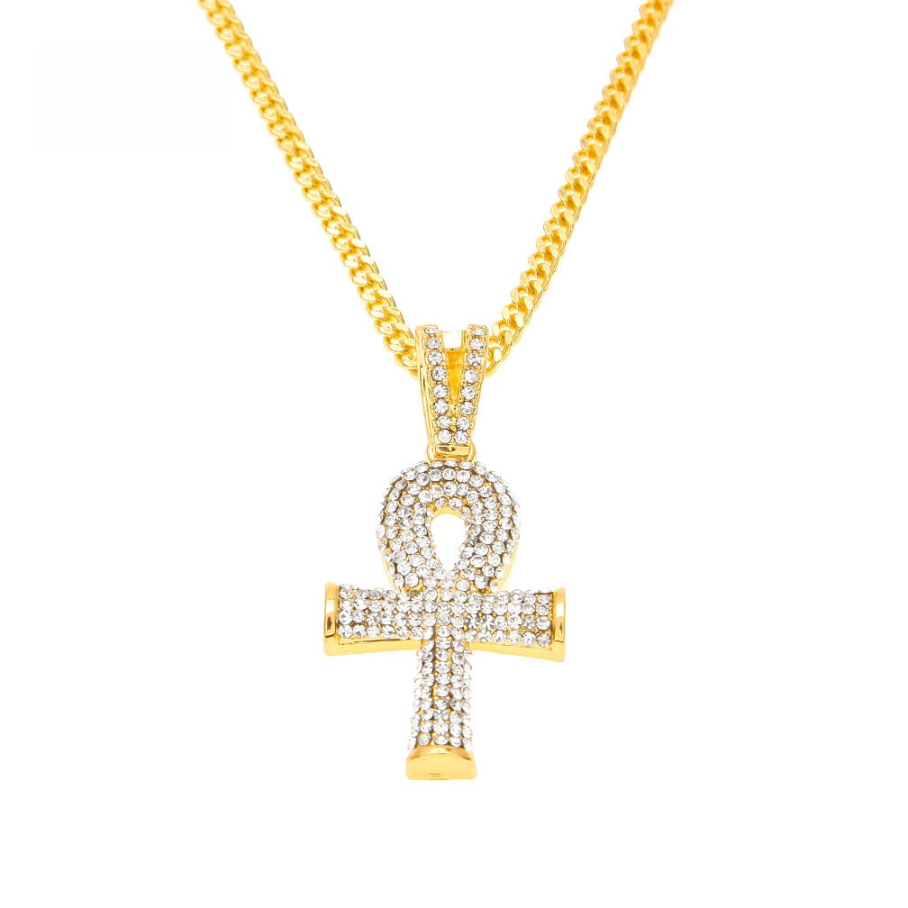 Gold Tone Crystal Ankh Pendant Necklace with 3mm Cuban Chain for Women product image