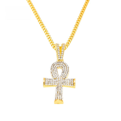Gold Tone Crystal Ankh Pendant Necklace with 3mm Cuban Chain for Women