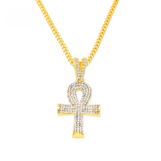 Gold Tone Crystal Ankh Pendant Necklace with 3mm Cuban Chain for Women