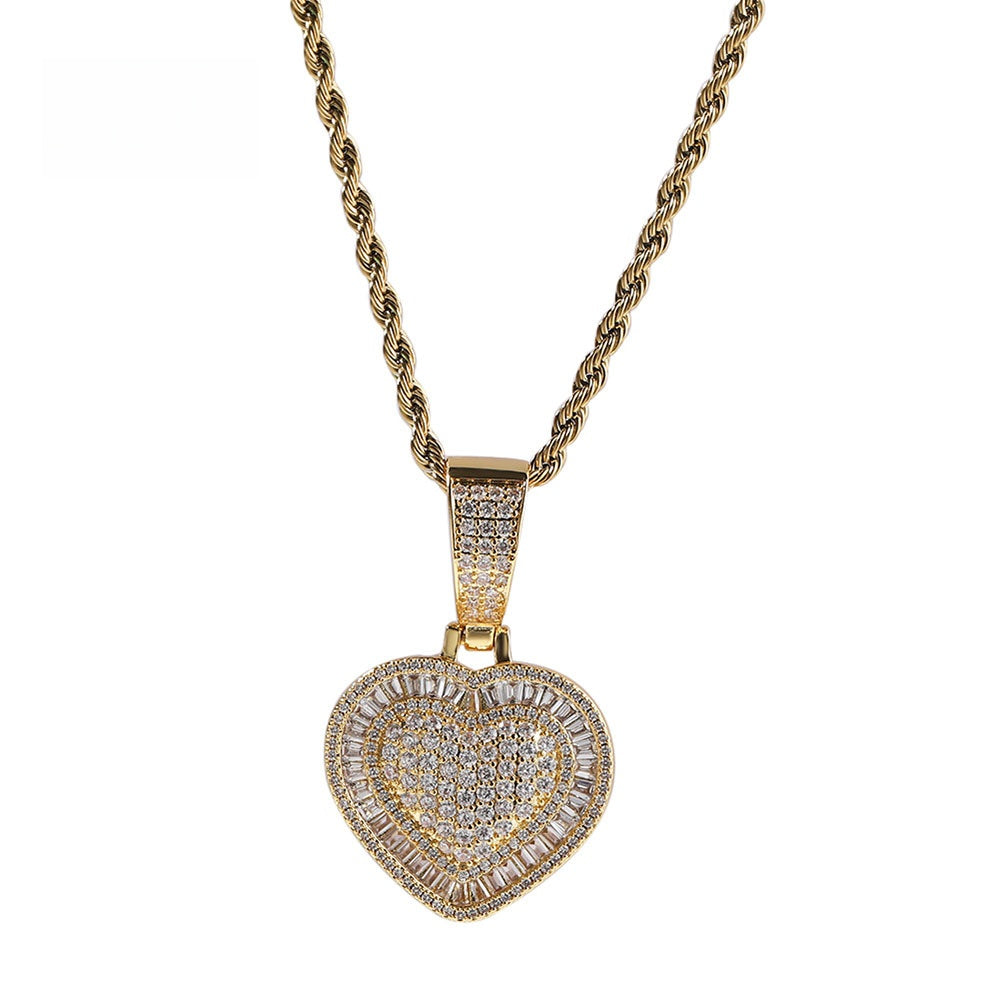 Heart Pendant Necklace with Cubic Zirconia Rope Chain for Women, Hip Hop Statement Gold Plated or Silver Plated Chain Necklace