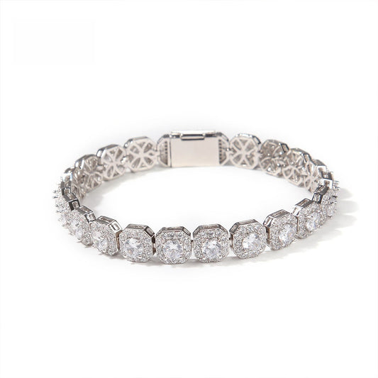 Unisex Iced Octagon Cubic Zirconia Bracelet - Gold or Silver Tone Hip Hop Statement Chain