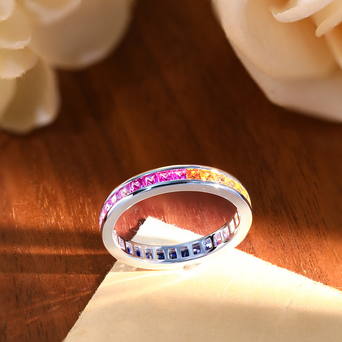 Rainbow Gradient Princess Cut Lab-Created Sapphire Eternity Ring, 2mm, S925 Sterling Silver, 18K Gold Plated product image