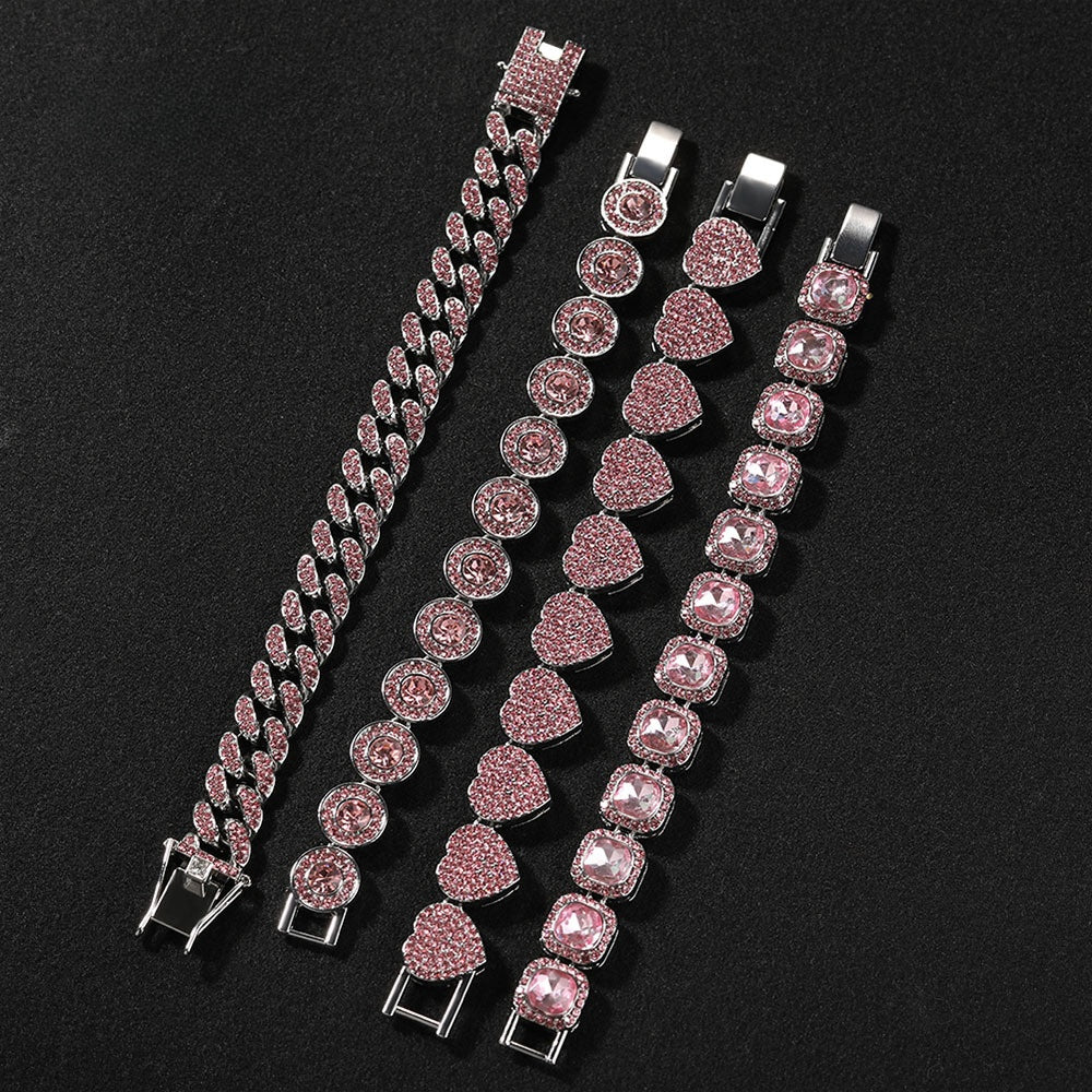 Pink Crystal Hip Hop Bracelet for Women and Men - Silver Plated Alloy Chain Bracelet in Cuban Link, Round, Heart, and Square Styles