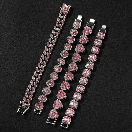 Pink Crystal Hip Hop Bracelet for Women and Men - Silver Plated Alloy Chain Bracelet in Cuban Link, Round, Heart, and Square Styles