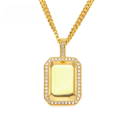 Iced Out Rectangle Pendant Necklace with 24 Inch Cuban Chain for Women and Men