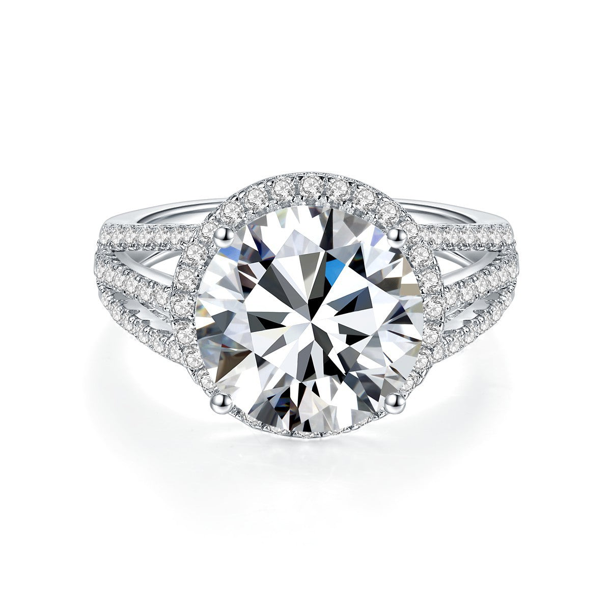5 Carat Round Moissanite Halo Engagement Ring, Split Shank Pavé Style product image