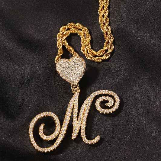 Personalized Initial Letter Pendant Necklace with Cubic Zirconia Heart Charm and Twisted Chain