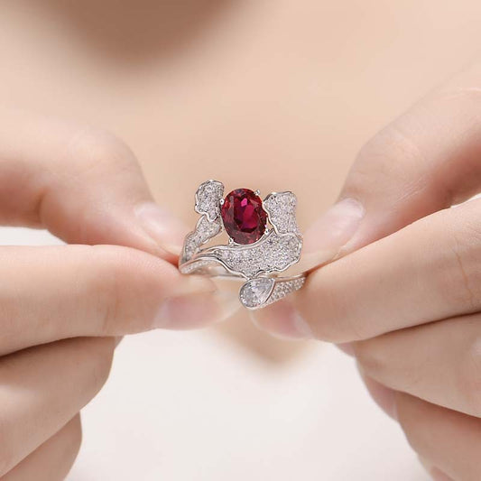 Lab-Created Ruby Ring for Women, Oval Red Stone Wrap Design, 18K Gold-Plated S925 Ring alternate product image