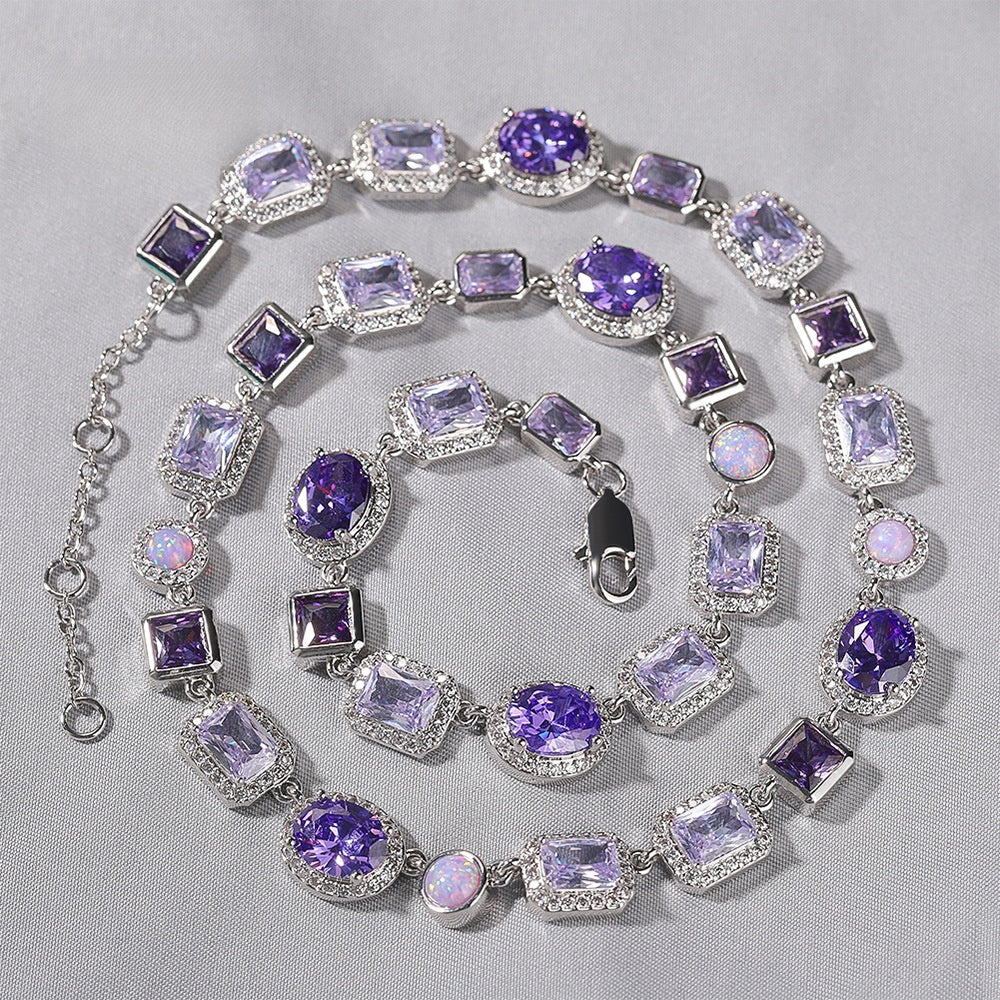 Purple Crystal Geometric Chain Necklace & Bracelet Set for Women and Men, Silver Plated Statement Pendant Jewelry product image