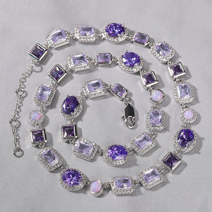 Purple Crystal Geometric Chain Necklace & Bracelet Set for Women and Men, Silver Plated Statement Pendant Jewelry