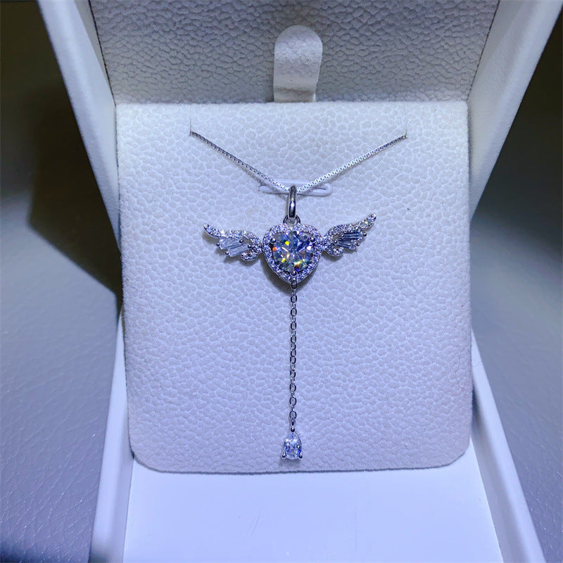 925 Silver Moissanite Angel Wing Heart Necklace with 1 Carat Pendant product image