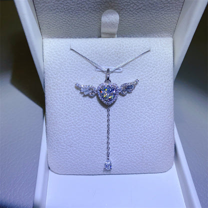 925 Silver Moissanite Angel Wing Heart Necklace with 1 Carat Pendant