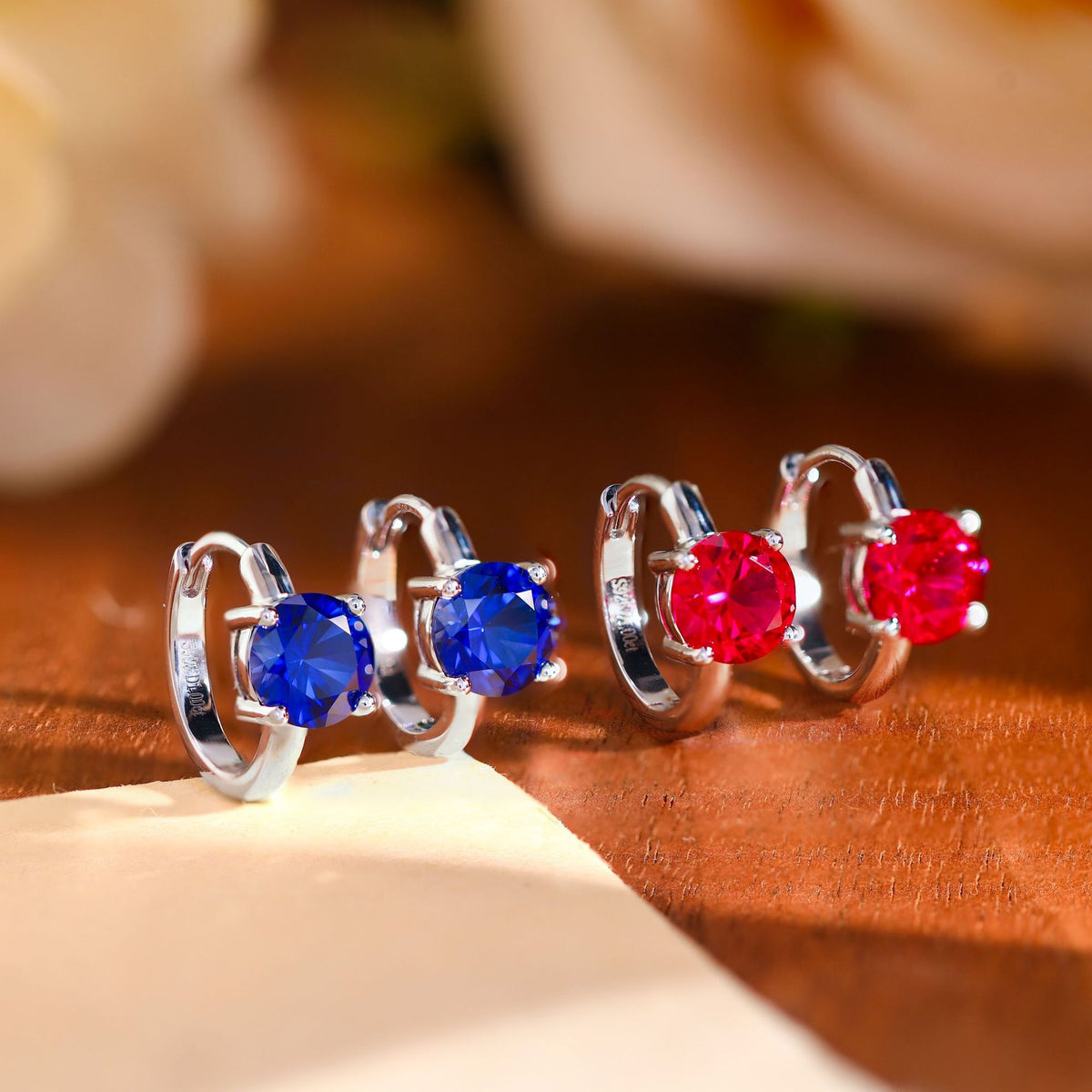 S925 Hoop Earrings for Women, Round Blue Red Stone, 18K Gold Plated product image