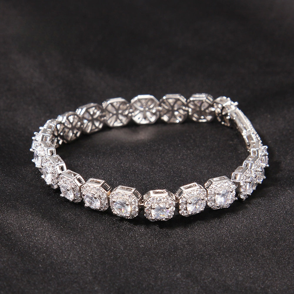 Iced Out Cubic Zirconia Chain Bracelet for Women & Men – Brass Square Link Statement Bracelet in Gold or Silver