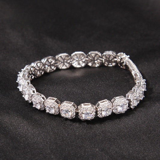 Iced Out Cubic Zirconia Chain Bracelet for Women & Men – Brass Square Link Statement Bracelet in Gold or Silver