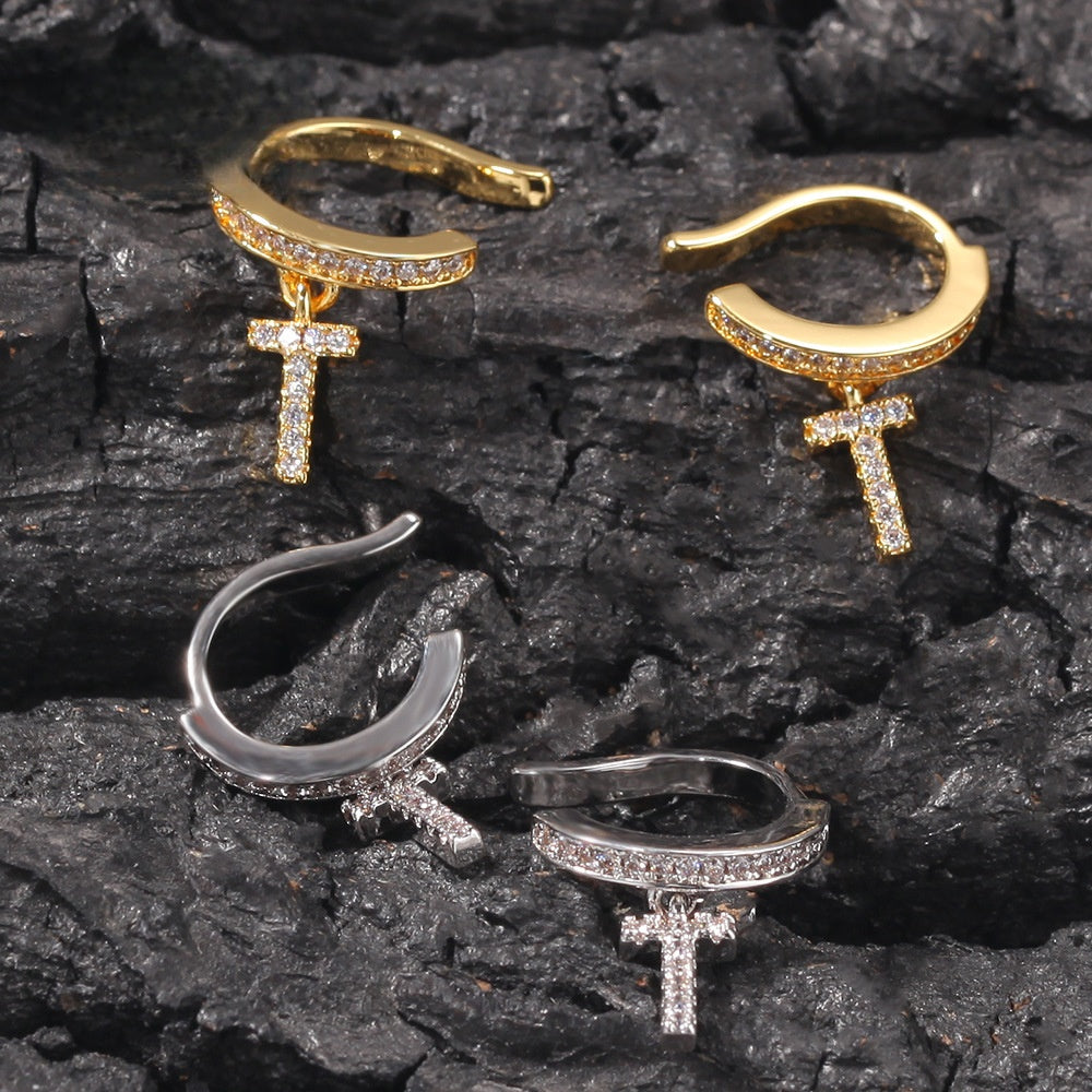 Unisex Cubic Zirconia Cross Hoop Earrings in Gold or Silver Tone Minimalist Statement Jewelry product image