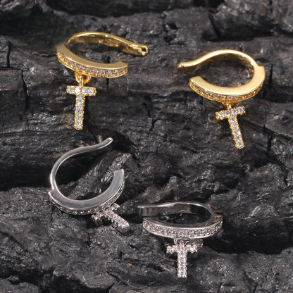 Unisex Cubic Zirconia Cross Hoop Earrings in Gold or Silver Tone Minimalist Statement Jewelry