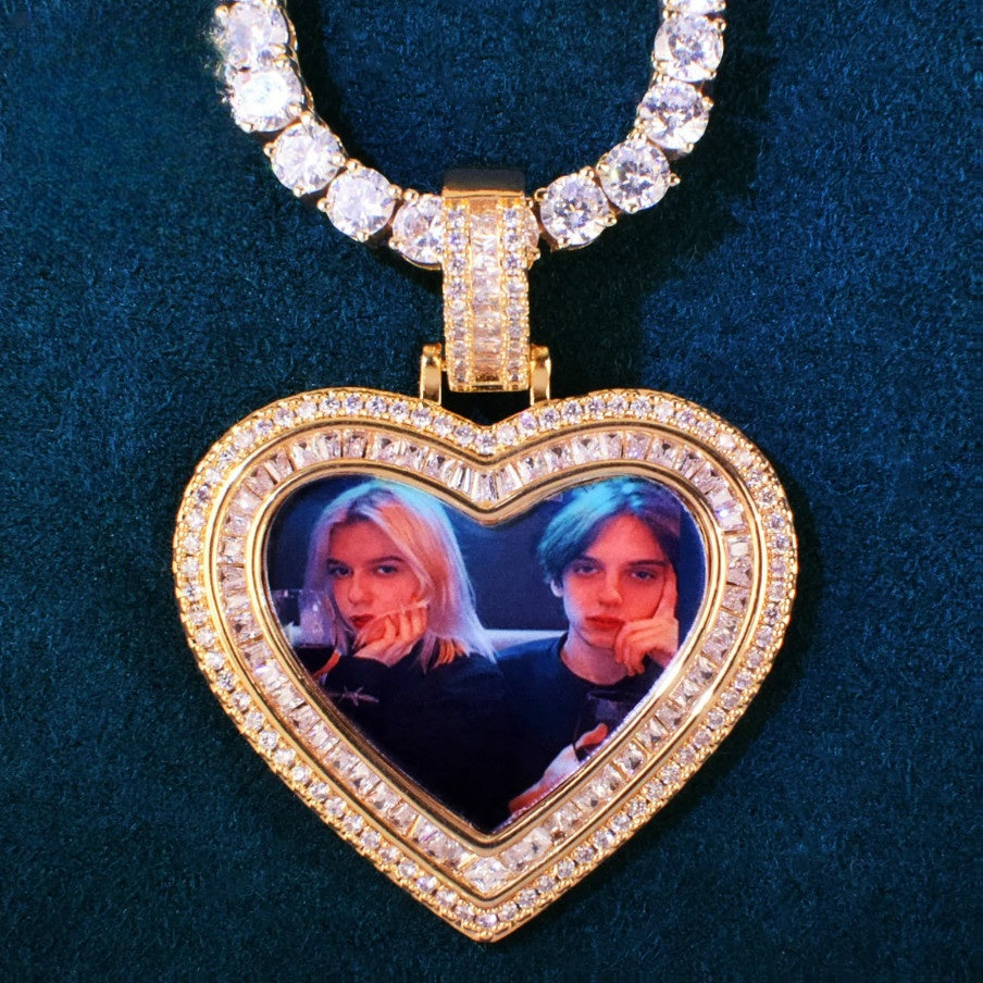 Unisex Iced Heart Photo Pendant Necklace