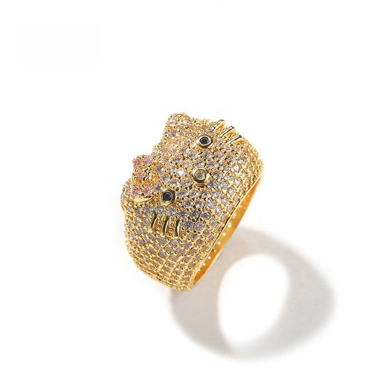 Cute Cartoon Cat Ring for Women & Men – Gold Plated Cubic Zirconia Statement Ring in Gold, Silver & Rose Gold