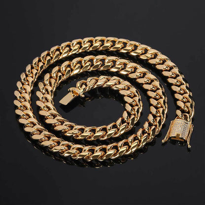 12 mm Polished Cuban with Stone-Accent Clasp Hip Hop Necklace with Stainless steel Base - CHA008