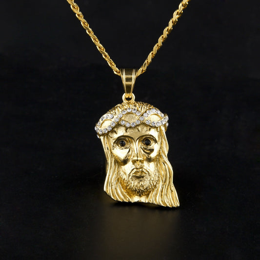 Gold Plated Stainless Steel Jesus Head Pendant Necklace with Cuban Chain for Men & Women