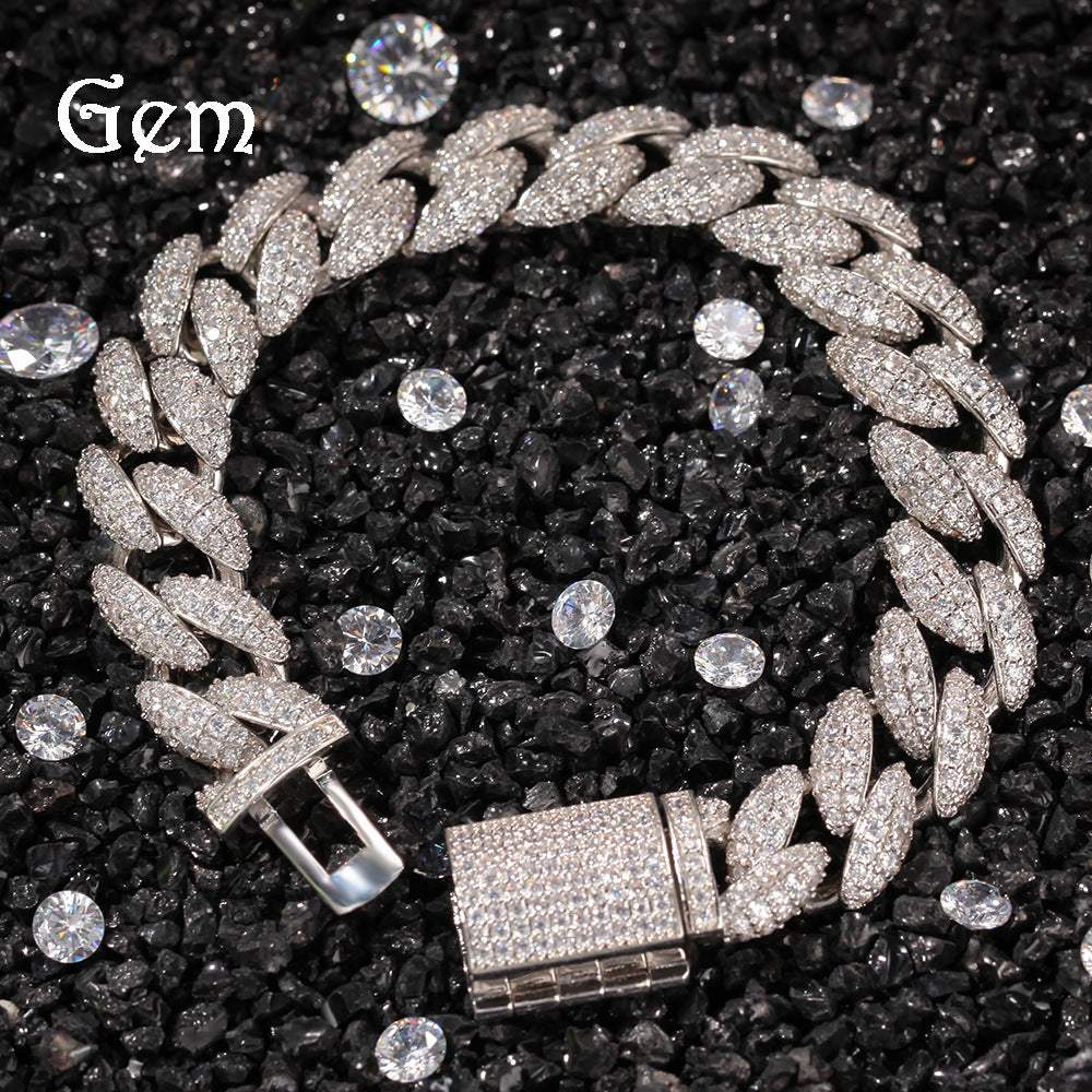 Men’s Iced Out Cuban Link Bracelet with Cubic Zirconia, Gold Plated or Silver Plated Copper Chain Bracelet, 12mm Statement Jewelry