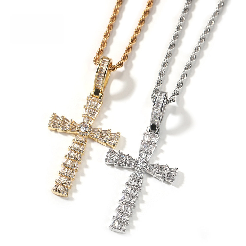 Iced Cross Pendant Necklace with Cubic Zirconia Twisted Chain for Women - Gold Plated or Silver Plated Statement Jewelry