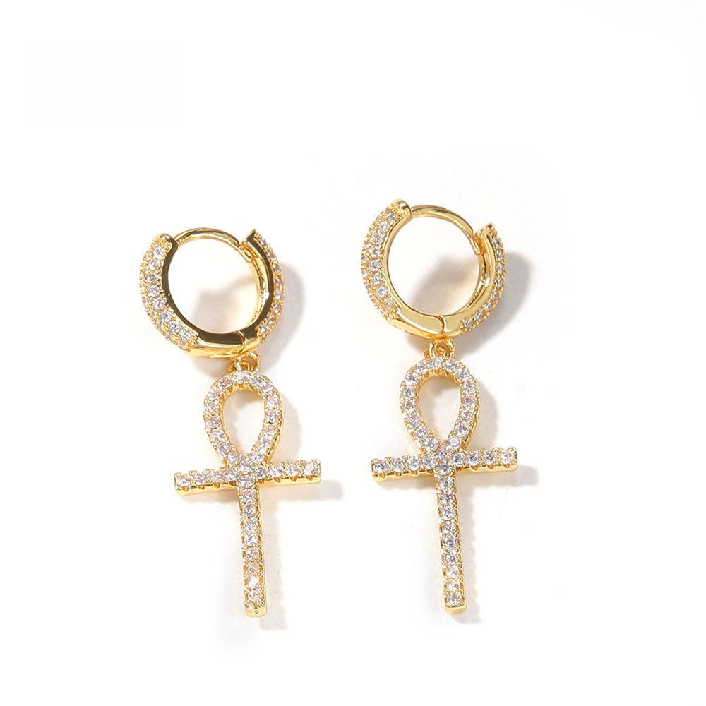 Unisex Ankh Cross Drop Earrings with Cubic Zirconia in Gold, Silver, and Rose Gold