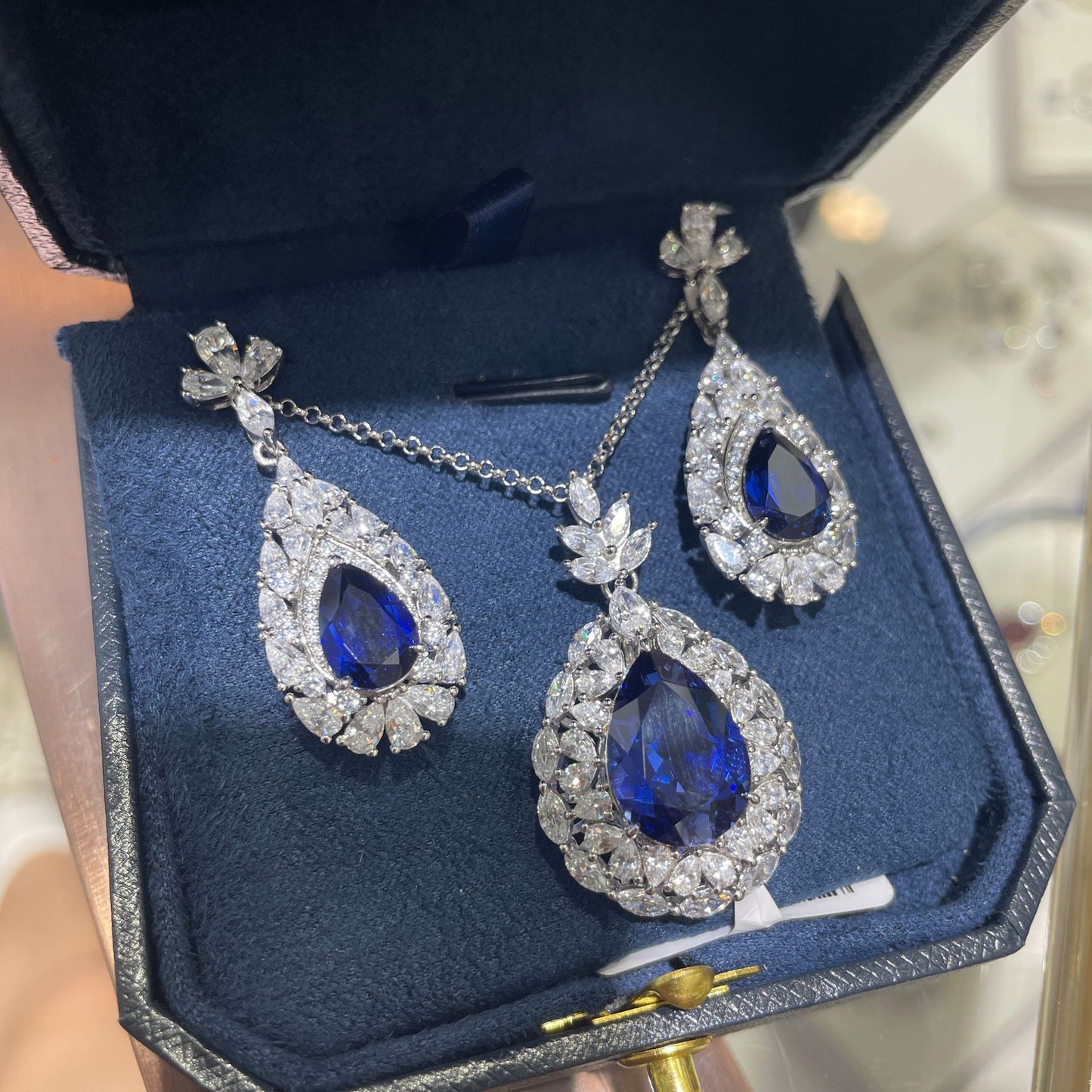 Lab-Grown Blue Sapphire Teardrop Drop Earrings for Women, 925 Silver Floral Halo product image