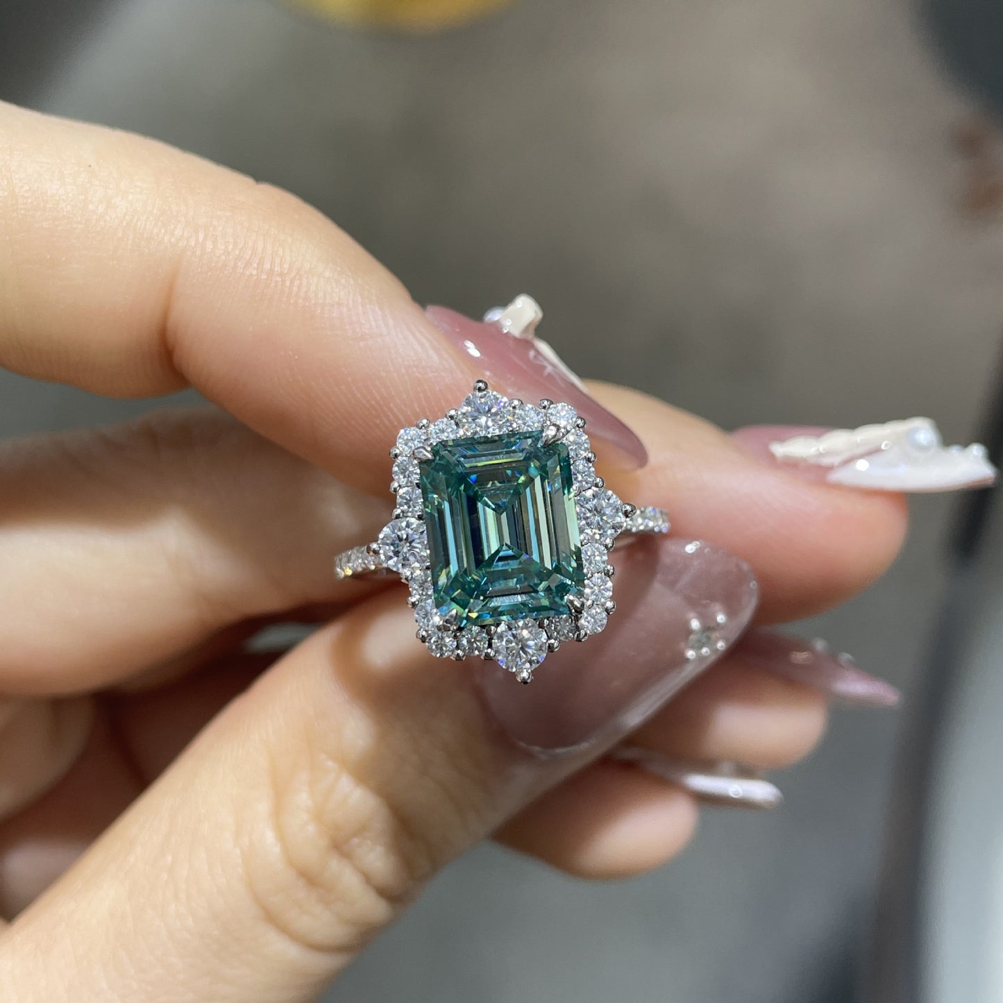 Green Moissanite Halo Ring, 8x10mm 4 Carat Emerald Cut, S925 Gold-Plated Ring for Women product image