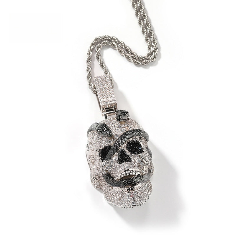 Skull Pendant Necklace with Snake Detail and Cubic Zirconia, Silver Tone Statement Chain Necklace for Women