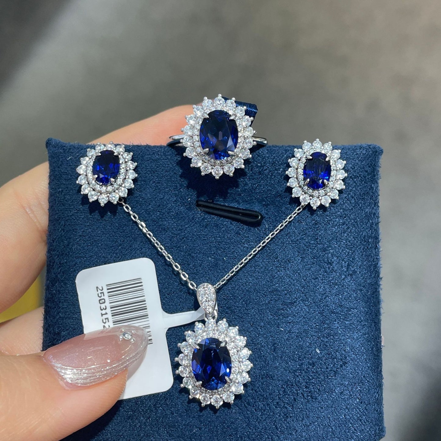 Royal Blue Oval Gemstone Jewelry Set for Women, Ring Earrings Pendant Necklace, Vintage Halo Style product image