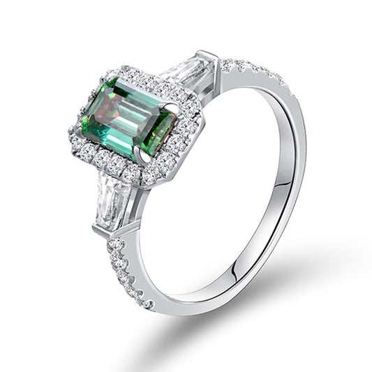 Emerald-Cut Green Moissanite Halo Ring for Women, 18K Gold-Plated Ring product image
