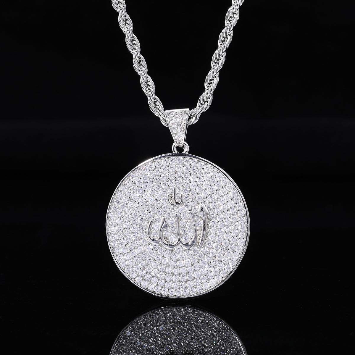 Arabic Calligraphy Zircon Pendant Necklace, Round Rope Chain Hip Hop Jewelry product image