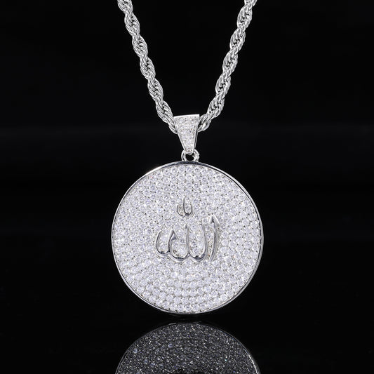 Arabic Calligraphy Zircon Pendant Necklace, Round Rope Chain Hip Hop Jewelry product image