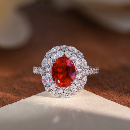 2 Carat Oval Lab-Created Ruby Halo Ring for Women, 925 Silver Red Gemstone Ring