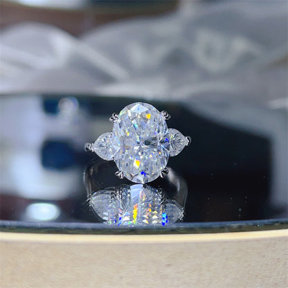 Oval Moissanite Ring for Women, 3-Stone Halo Style Engagement Ring, Geometric Statement Ring