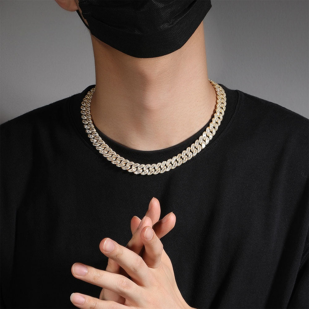 Iced Cuban Link Chain Necklace Bracelet with Cubic Zirconia, Unisex Hip Hop Statement Jewelry in Gold, Silver & Multi-Tone