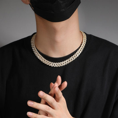 Iced Cuban Link Chain Necklace Bracelet with Cubic Zirconia, Unisex Hip Hop Statement Jewelry in Gold, Silver & Multi-Tone