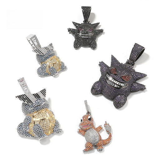 Iced Out Cartoon Monster Pendant Necklace with Cubic Zirconia Hip Hop Chain