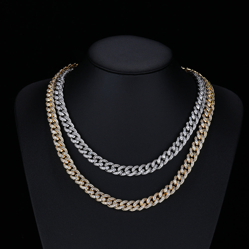 10mm Iced Cuban Link Chain Necklace, Zirconia-Set, Unisex Hip Hop Jewelry, White and Yellow Tone