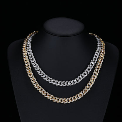 10mm Iced Cuban Link Chain Necklace, Zirconia-Set, Unisex Hip Hop Jewelry, White and Yellow Tone
