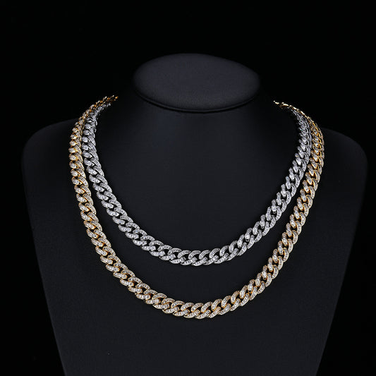 10mm Iced Cuban Link Chain Necklace, Zirconia-Set, Unisex Hip Hop Jewelry, White and Yellow Tone