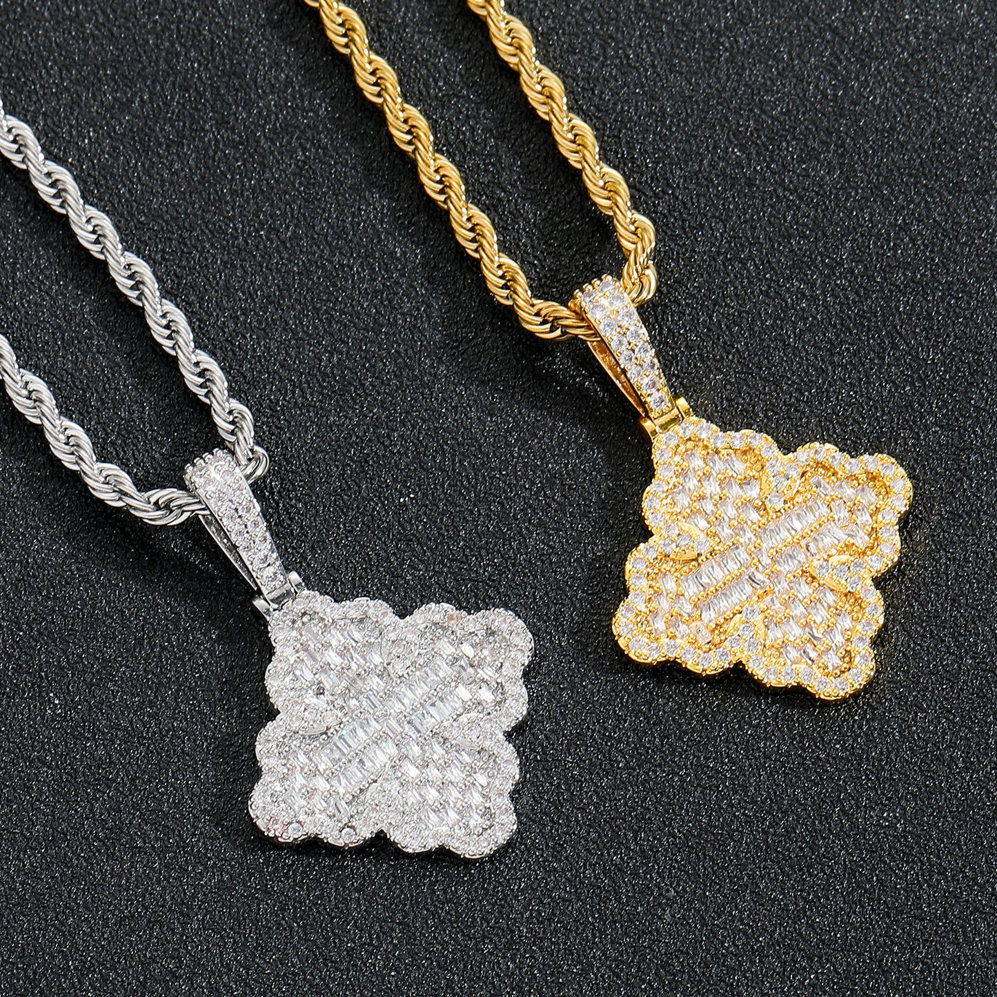 Hip Hop Light Luxury Four Leaf Clover Cross Copper Necklace for Men and Women